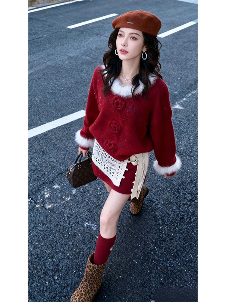 레드 니트 플러피 배틀 로브 시사스 겨울 2026년 플로럴 티피스 세트 하이 웨이스트 오트 스커트 롱 스웨트