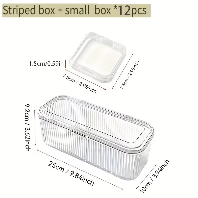 1 Large Box with 12pcs Small Square Transparent Plastic Nail Storage Containers with Lids Dustproof Striped for Nail Stickers view 3