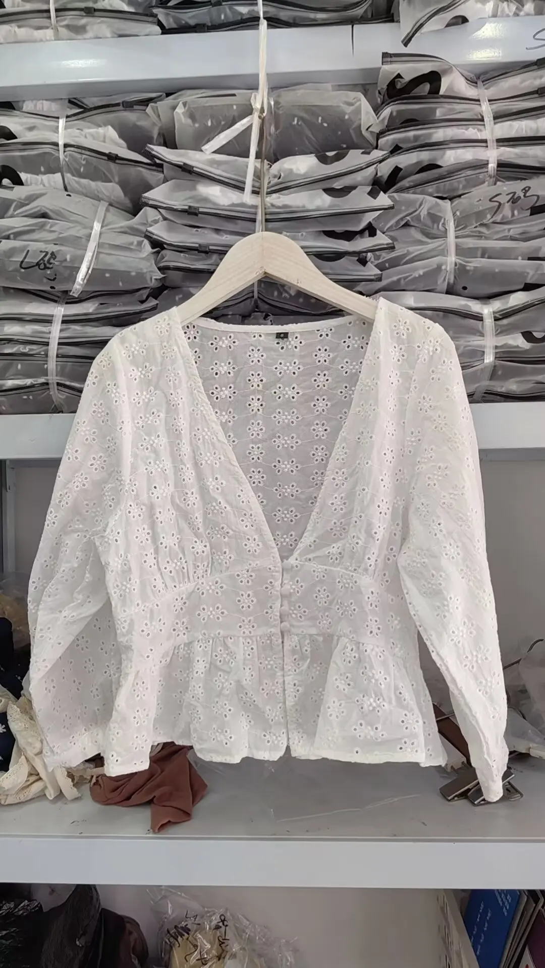 

WOMAN 2026 summer new fashionable slim fit V-neck long sleeved hollow embroidery shirt chic retro women's pullover Blouses Mujer