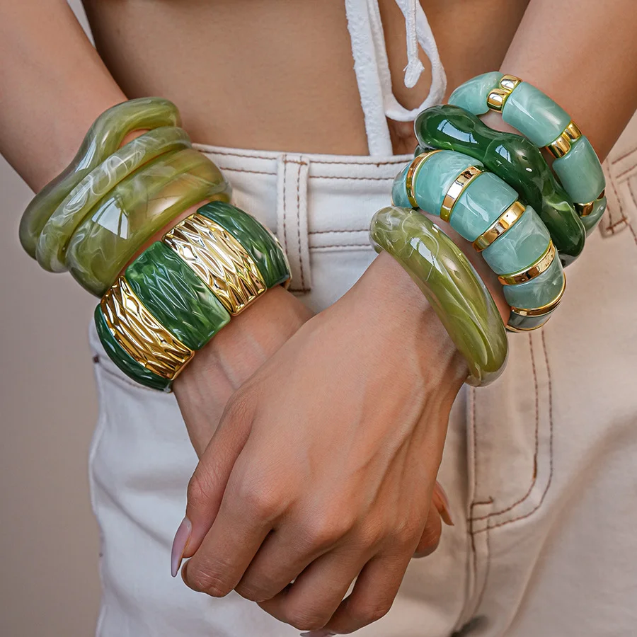 Bohomia Irregular Geometric Acrylic Green Series Bracelet for Women Multiple-styles Statement Resin Stackable Bangle Jewelry