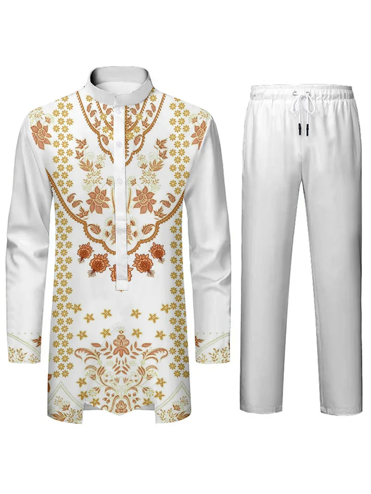 Traditional Cultural Costumes Elegant Men's Suits Elegant 3D Printing Printed Halter Collar Long Sleeve Shirt and Trousers