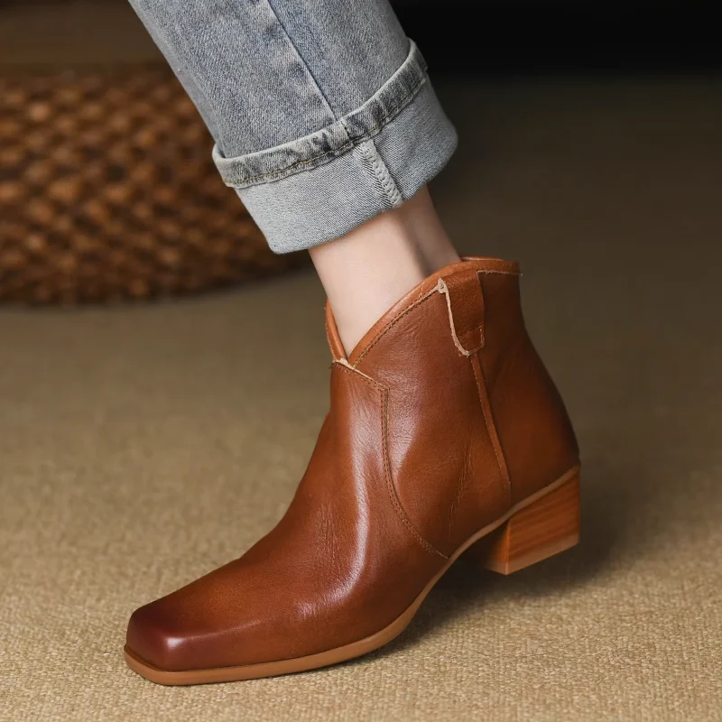 

Winter Shoes Woman Cowhide Real Leather Shoes Spring Autumn Side Zip Ankle Boots British Style Thick Heel Women's Short Boots