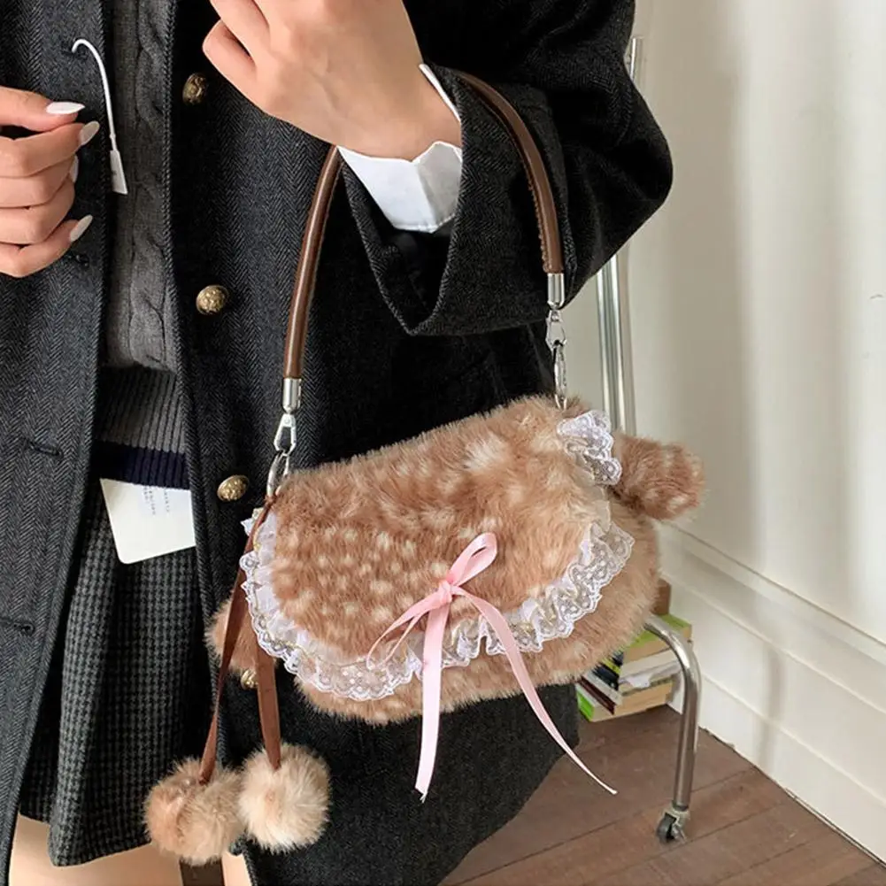 Lolita Plush Handbag Cute Lace & Bow Decor Faux Fur Shoulder Bag Vintage Brown Top-handle Bag Spotted Deer Pattern Underarm Bag view 3