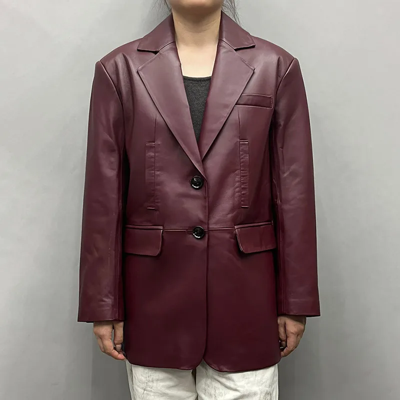 2024 Women's Autumn Spring Fashion Real Sheepskin Leather Coat Genuine Leather Jacket Burgundy