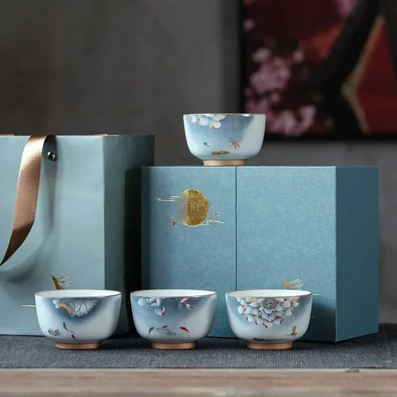 Rui He Ceramic Cup 4 Cup Gift Box Kung Fu Tea  Fragrance-Smelling  Single Master  Bubble  Ceremonial