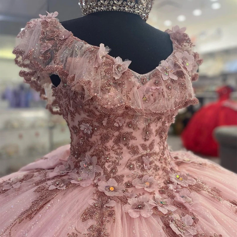 ANGELSBRIDE gaun merah muda Quinceanera bunga 3D berkilau renda untuk 15 gaun pesta Formal gaun pesta 16 gaun ulang tahun putri