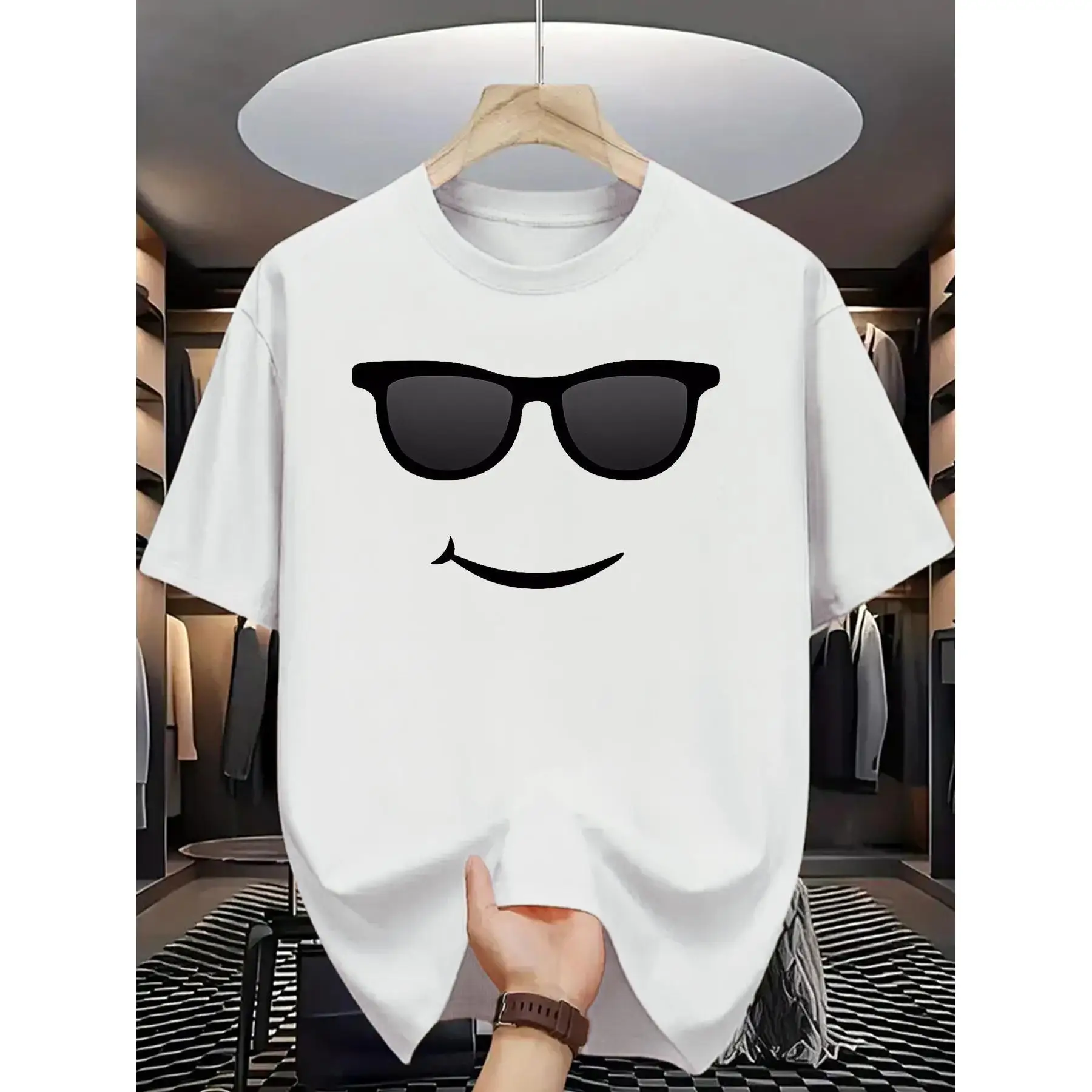 

Funny T-shirt Men Women Unisex Cool Sunglasses Smiley Face Graphic Tee Casual Short Sleeve Minimalist Top