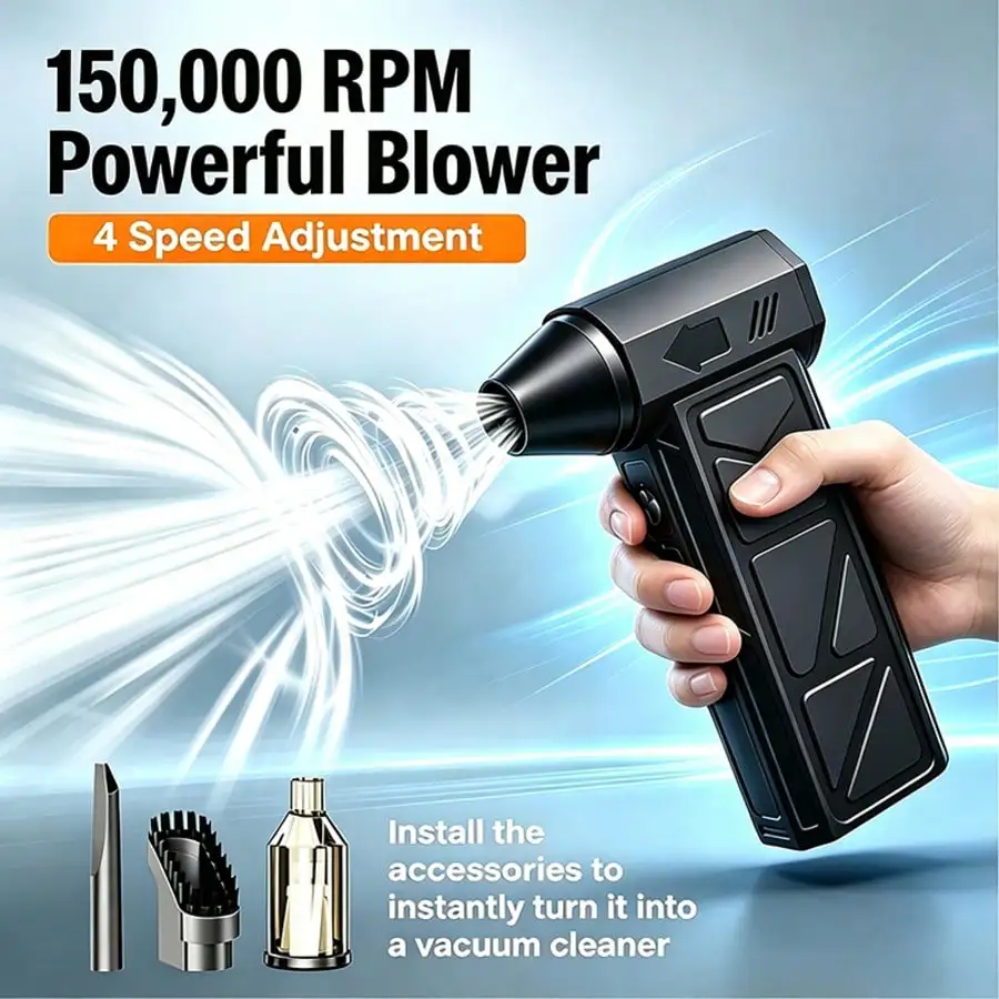 Portable Compressed Air Duster, 2-In-1 Blower And Vacuum Combo, 150000 RPM High-Speed Turbine Fan, Rechargeable Brushless Mini B