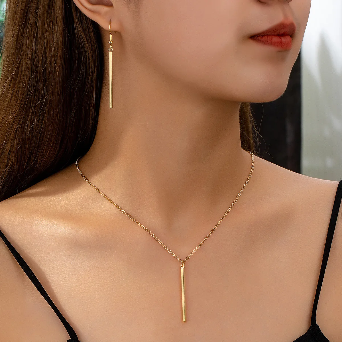 Elegant Gold Stick Jewelry Sets for Women Pendant Necklace Drop Earring Simlpe Adjustable Charms Geometry Wedding Jewelry Gifts