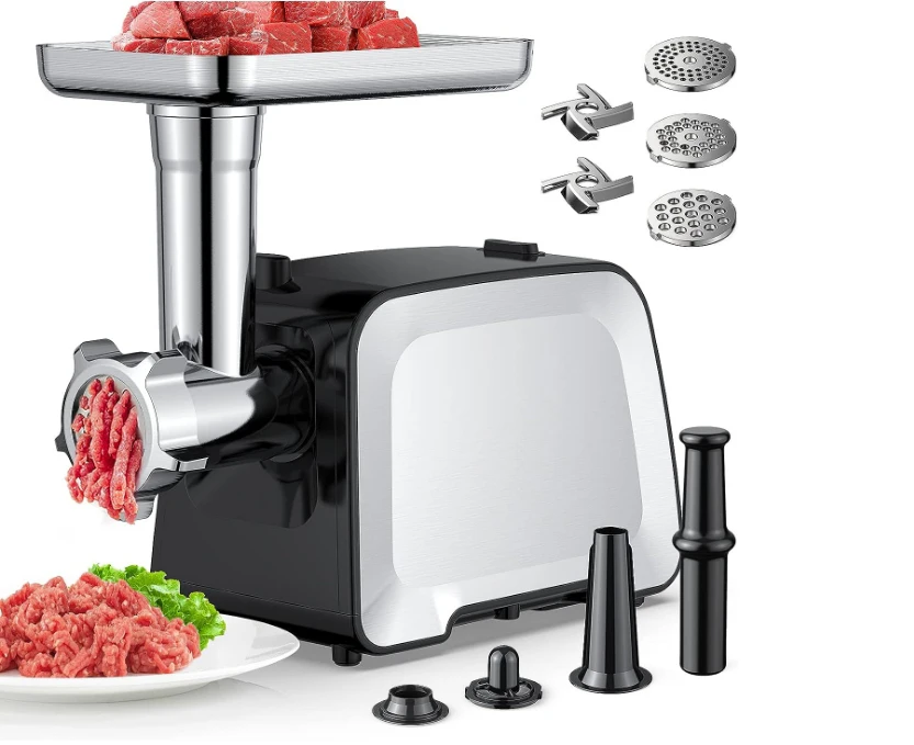 Meat Grinder Electric stainless steel, meat grinder Heavy duty 2300W Max, 2 blades, 3 plates, enema tube and Kubbe kit