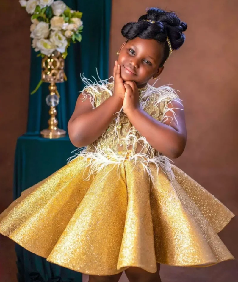 Gold Satin Girls Birthday Dress Beaded Above Knee Flower Girls Dresses for Wedding Kids Ruffles Party Ball Gowns for Photoshoot