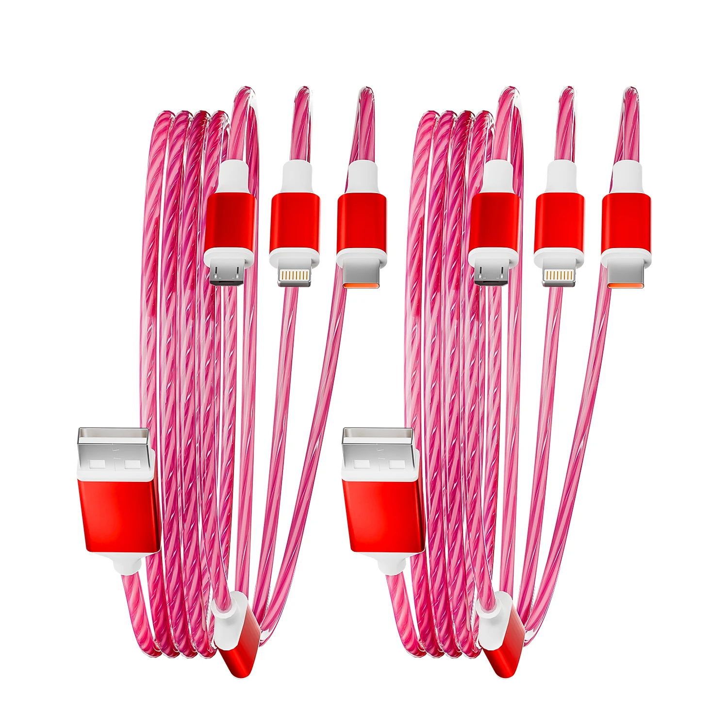 

2 шт., 4 фута, 3 в 1, красный светящийся USB-кабель для быстрой зарядки с портами Type-C, Micro USB и IP, подходит для большинства мобильных телефонов