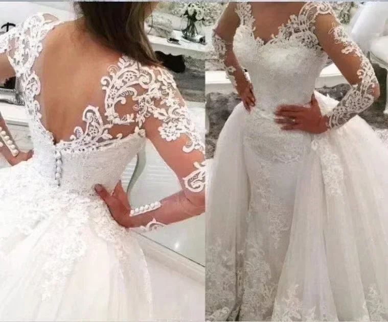 Vestido De novia personalizado, Vestido De novia De encaje De manga larga De tul, Vestido De novia De alta calidad