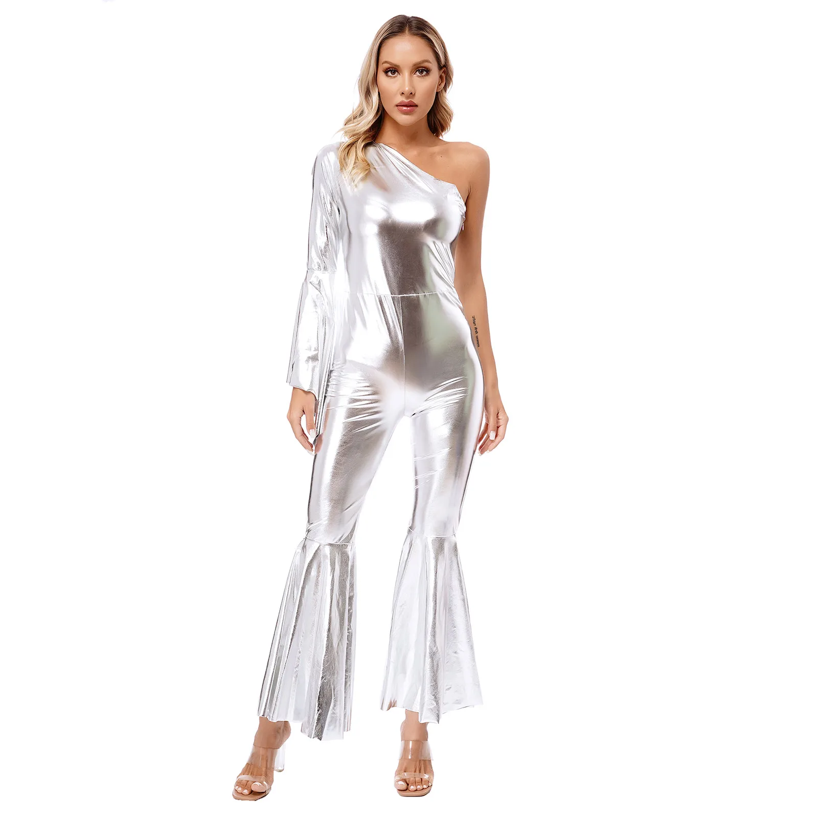 Womens Shiny Metallic Flare Leg Jumpsuit One Shoulder Flared Long Sleeve Bell Bottom Romper Carnival Dance Party Outfit Playsuit