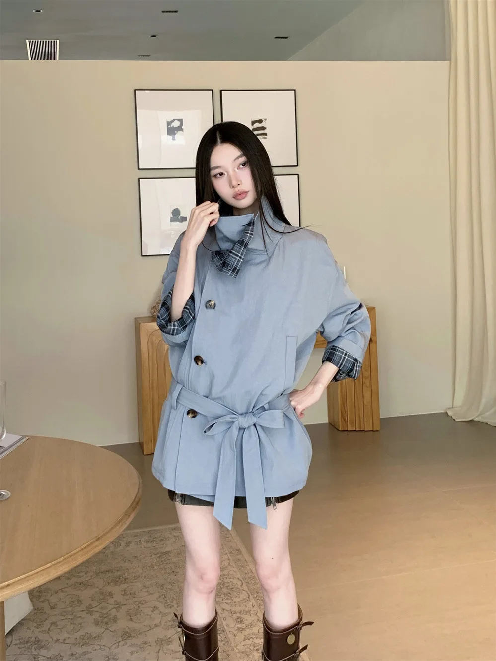 

Mint Peach A-Line Waistcoat Vintage School Sle Patchwork Double-Sided Wear Loose Belted Collar Women's Autumn Winter Coat