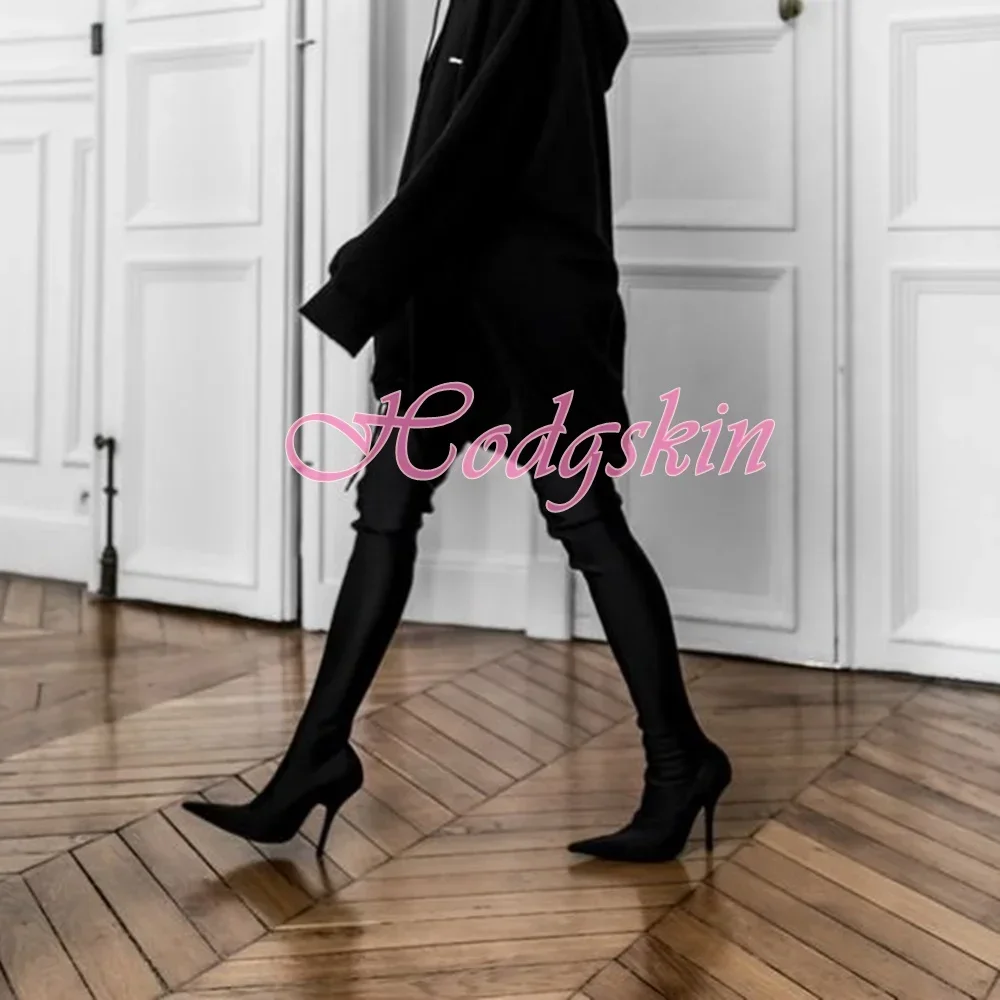 Elastic Fitted Silk Boots Pointy Toe Solid Women Sexy Shoes Stiletto Heels Over the Knee Spring Slip on Party Dress New Style