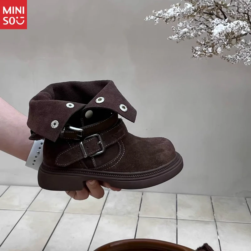 Miniso 2025 Bottes Martin en daim pour enfants, chaussures d'hiver mi-mollet de style britannique avec doublure en fourrure