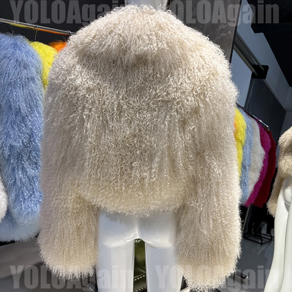YOLOAgain 2025 Autumn Winter Warm Turn-Down Collar Real Mongolia Sheep Fur Jacket Coat Women Short Black Sheep Fur Jacket Female