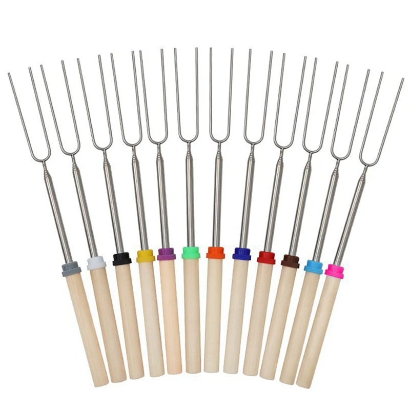 

LALA Retractable Stainless Steel Grilling Rod Camping Essentials Stainless Steel Mutton Skewers Retractable Wooden Handle