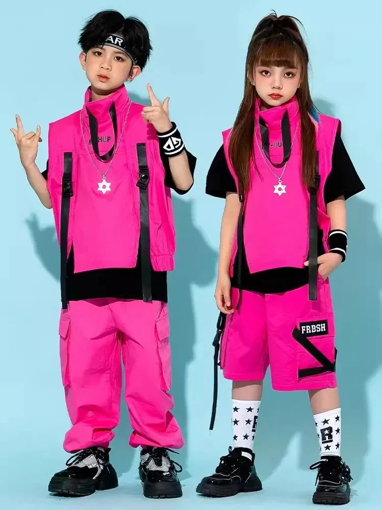 Kinder Hip Hop Kostüm Jungen Mädchen Jazz Tanz Mode Kleidung rosa Weste Hosen Street Dance Drum Stage Performance Wear