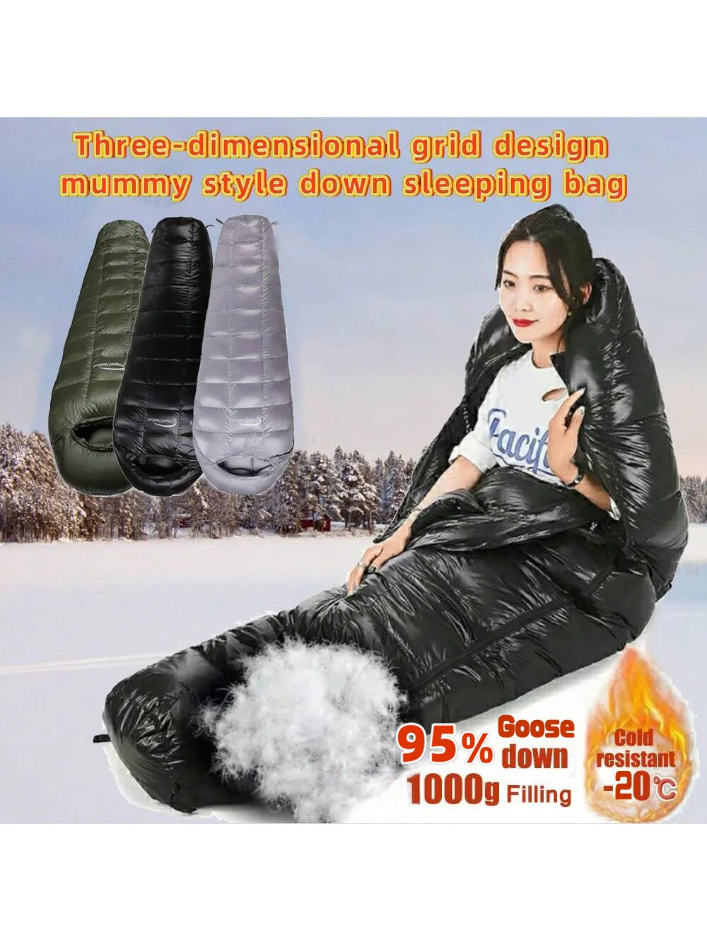 

Кемпинг на открытом воздухе, трехмерный дизайн сетки, стиль мумии. Спальный мешок пуховый, 95% гусиный пух 1000г, наполнение, сверхлегкий, теплый,