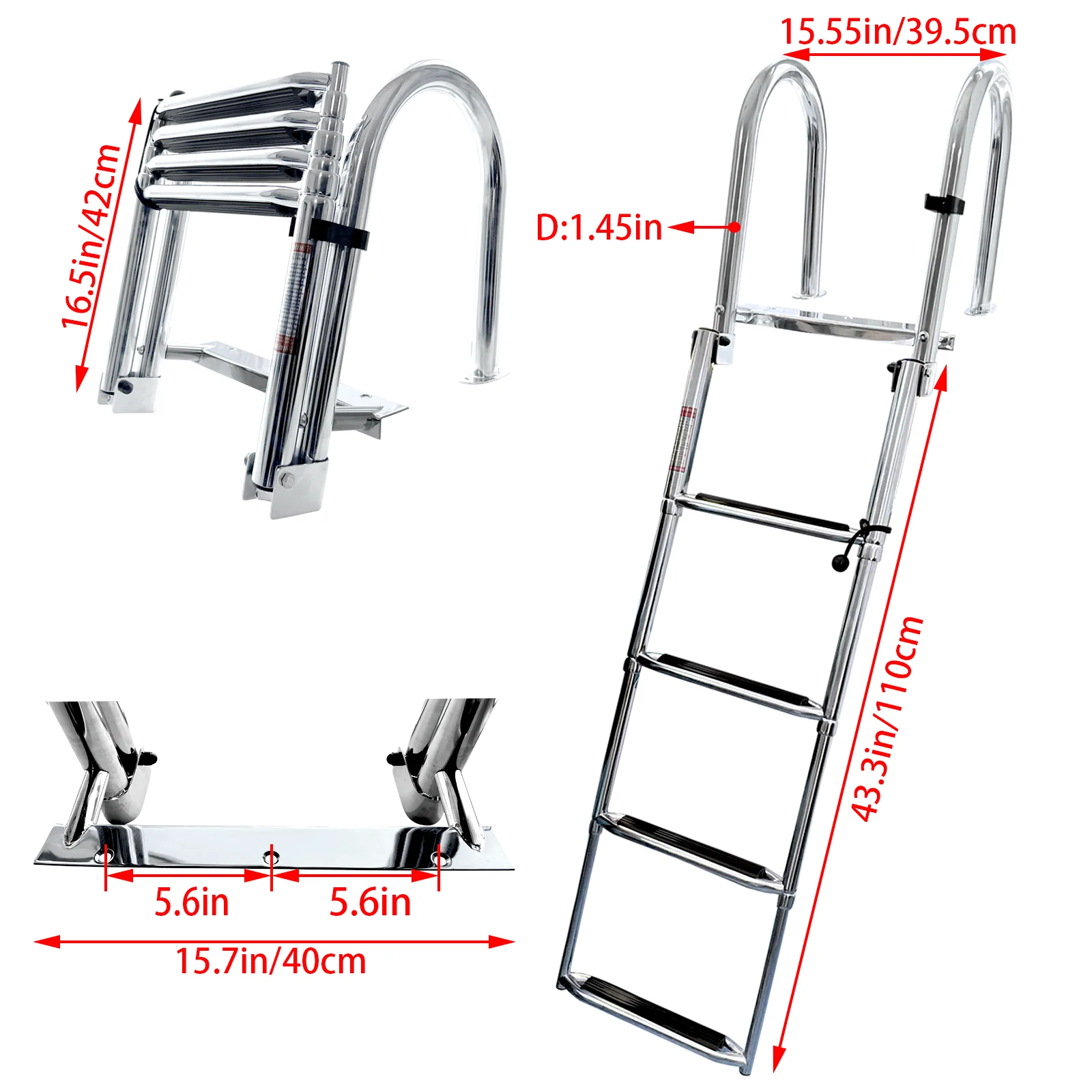 ISURE 4 Steps 304 Stainless Steel Boat Folding Ladder Telescoping Multifunctional Ladder With Safety Handrail Boat Accessories