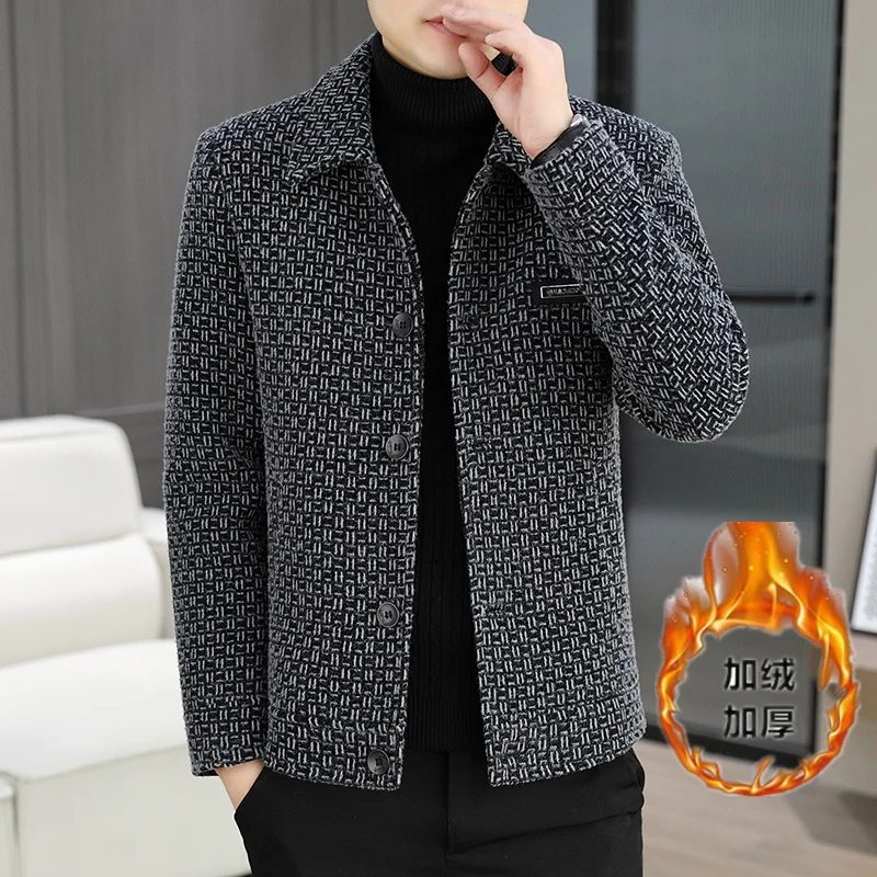 Autumn Winter New Woolen Jackets Men's Short Trench Coat Korean Version Casual Business Plus Velvet Thick Overcoat Men Clothing