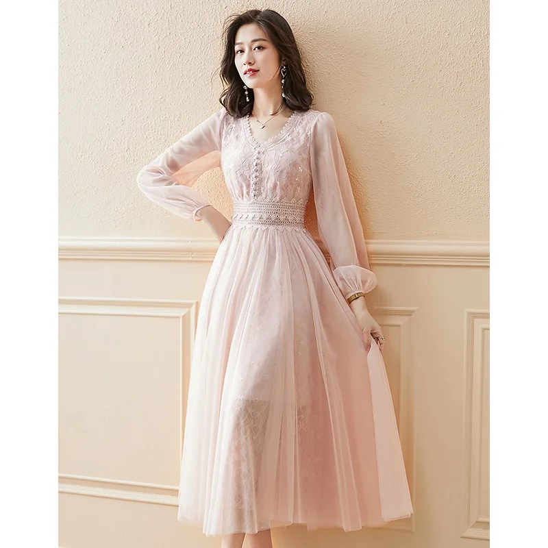 

Mesh Sleeve 2024 Early Spring New Women's French Slimming High-end Elegant Waist Long Dress Autumn