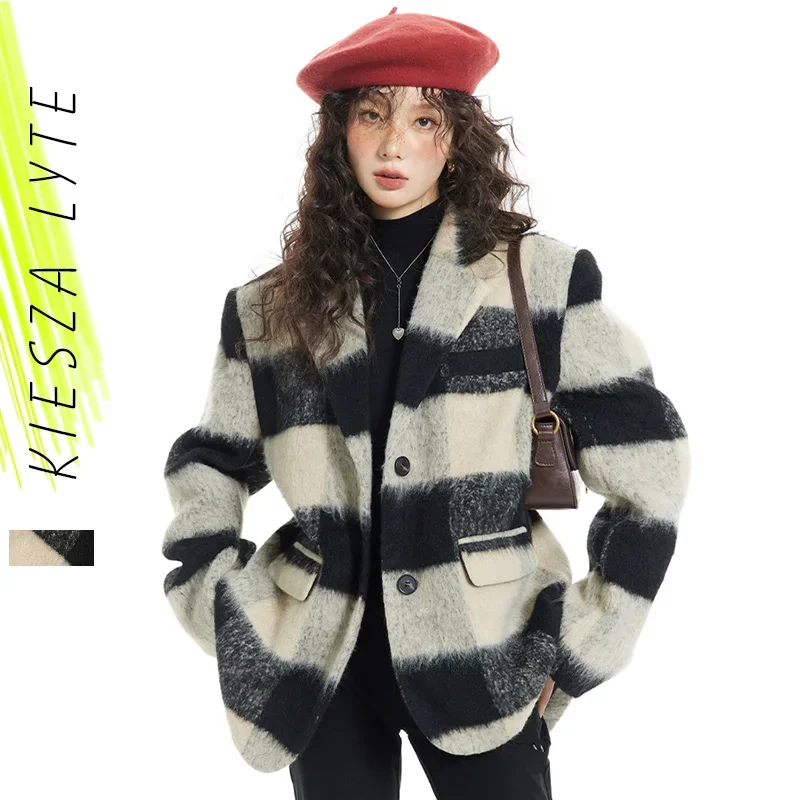 

2024 Autumn winter woolen coat loose vintage plaid ong suit jacket woman woolen jackets