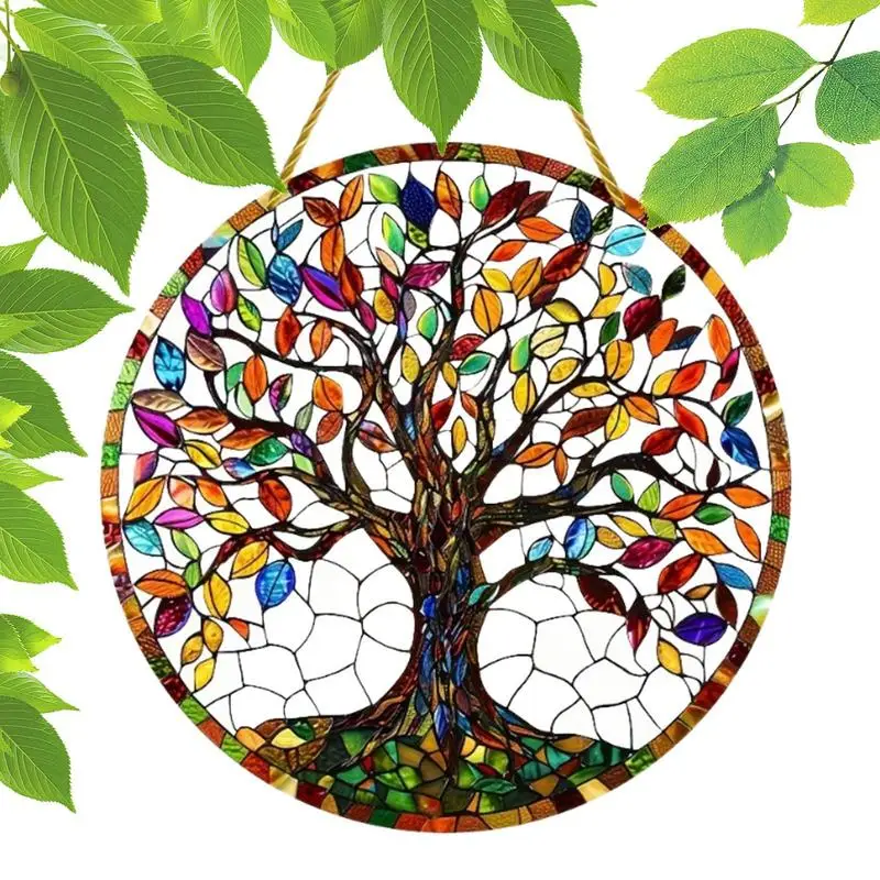 Round Stained Glass Sun Catcher 2D Window Sun Catcher Ornaments Exquisite Round Colored Tree Sign Decorations Door Handle Displa