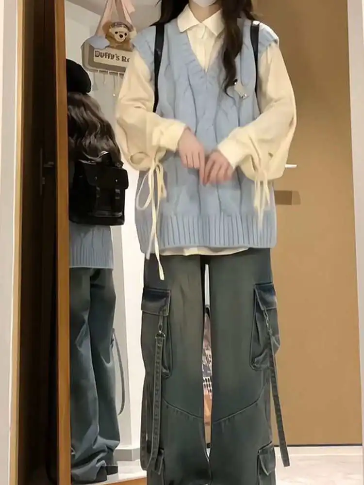 

Осенне-зимний вязаный комплект из двух предметов для колледжа, синий вязаный свитер, жилет с поясом, женский ансамбль Faion