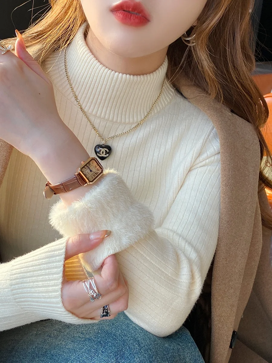 Cseta Interior de Terciopelo para Mujer, Forrada de Felpa, uesa, de Punto, para Otoño e Invierno, Cuello Medio Alto, de ...