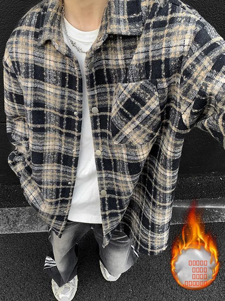 

Thiened Flannel Plaid Men's irt Autumn Winter Fce Lined Thiened Woolen Material Jaet Couple's Long Sve irt