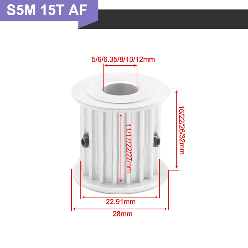 2PCS S5M 15T Gear Belt Pulley 5/6/6.35/8/10/12mm Inner Bore Timing Pulley 11/17/22/27mm Width S5M Type Aluminium Pulley Wheel