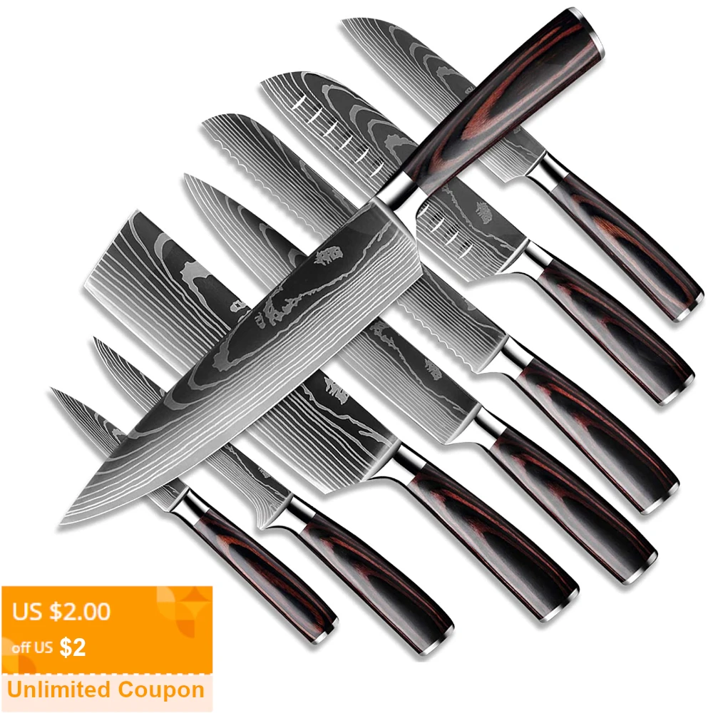 1-10Pcs Kitchen knife Set Chef Knives Laser Damascus Pattern Sharp Japanese Santoku Knife Cleaver Slicing Utility Knife