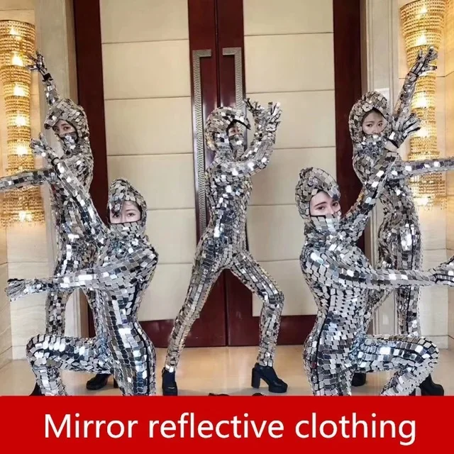 Kostium na imprezę, elastyczne lustrzane okulary, kostium do cosplayu, rekwizyty do mechanicznego tańca, kostium odblaskowy z lustrami