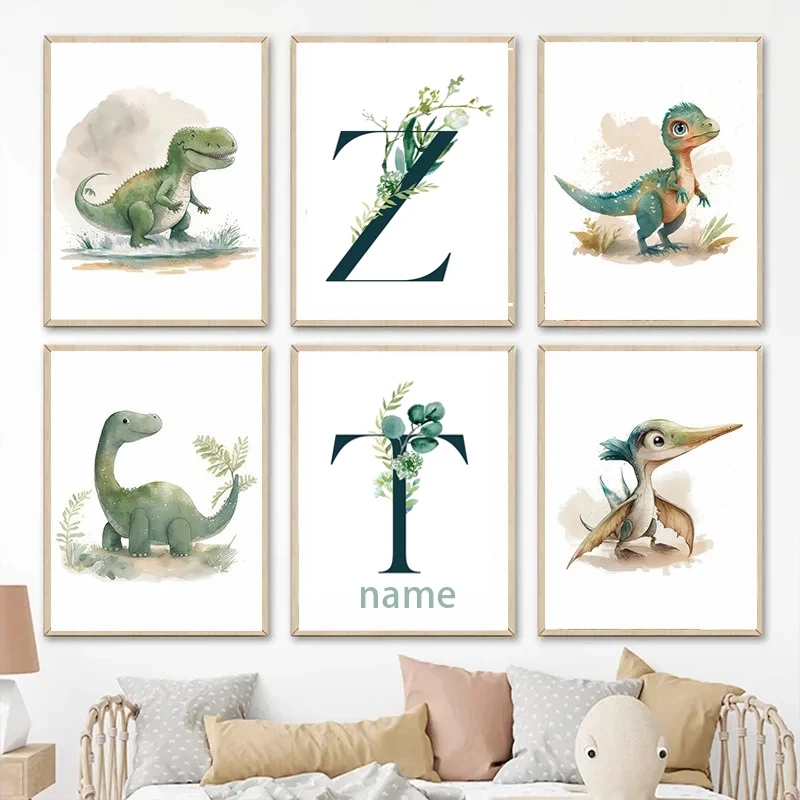 

Cartoon Dinosaur Jungle Kawaii Baby Animals Custom Name Canvas Painting Poster Nursery Wall Art Print Picture Kids Bedroom Decor