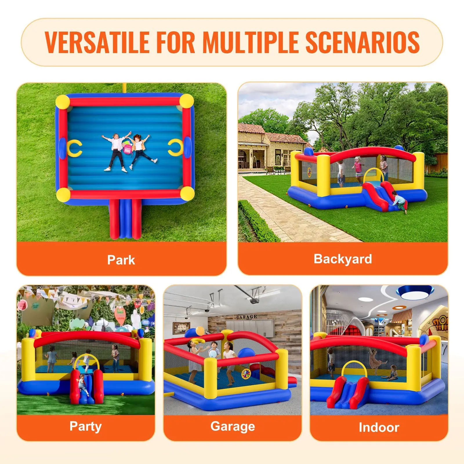 Inflatable Bounce House, Outdoor High Quality Playhouse Trampoline, Jumping Bouncer with Blower, Slide, and Storage Bag