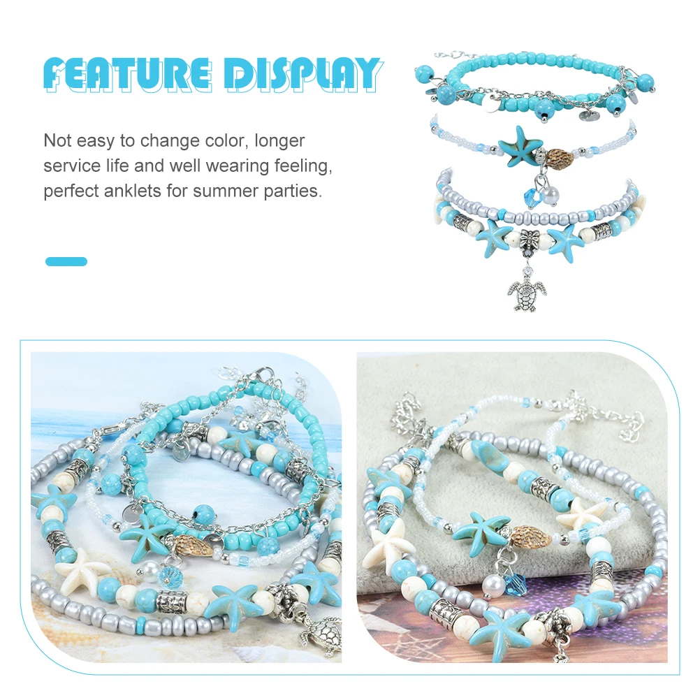 

Turtle Anklet Suit Turquoise Glass Beads Waxed Cord Longer Life Summer Beach Party Women Anklet Ankle Chain Bracelets Foot