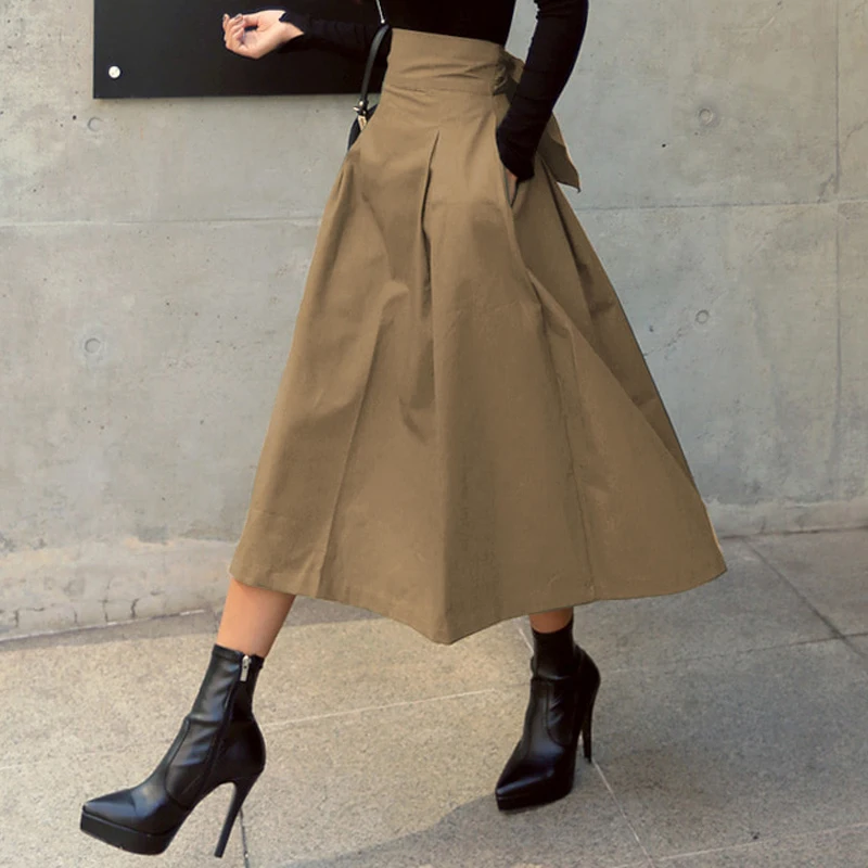 Skirts Womens Korean Fashion Solid Color Big Swing Ladies Skirt Long Skirt 2022 Autumn Wild High Waist Bow Slim Skirts