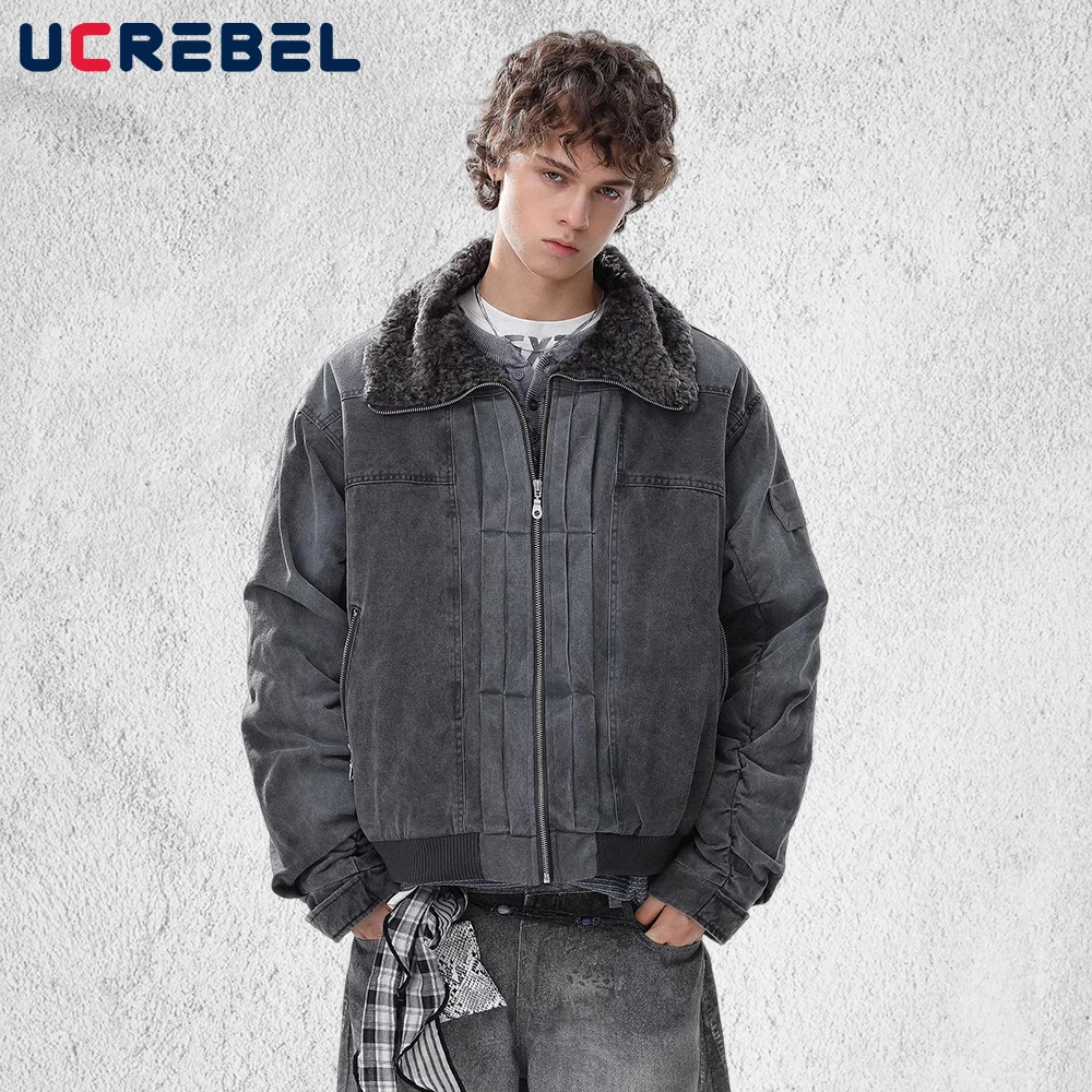 

Потертая джинсовая стеганая куртка мужская зимняя ретро уличная меховая куртка с длинным рукавом толстая стеганая куртка мужская