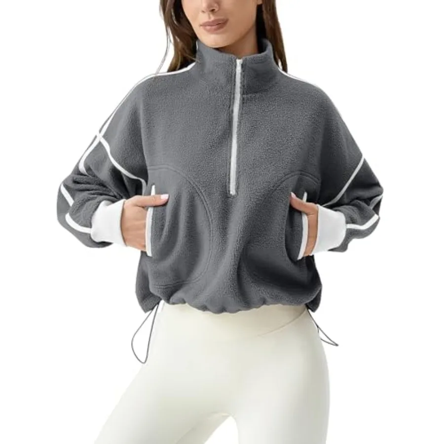

QINSEN Women's Half Zip Fleece Short Pullover Sweatshirt Winter Long Sleeve Cozy Sherpa Sweater Top