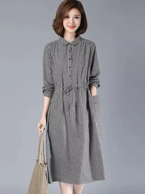 

Женская хлопково-льняная клетчатая юбка Dr Spring большого размера Long Sve Loose Midi irt Dr Casual Sle A-Line ort Dr