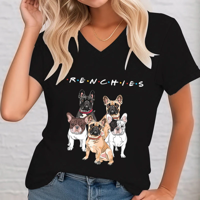 Women\'s Clothing Frenchies Friends Graphic T Shirts Women Fashion Funny French Bulldog Lover Gifts V-neck Summer Short Clothes