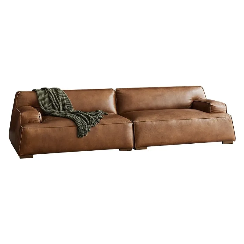 

Oil wax leather leather sofa Italian minimalist small apartment three-person large straight row sofa