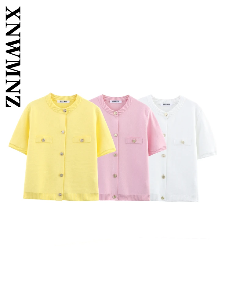 

XNWMNZ 2025 Summer New Woman's Chic Vintage Short Sleeve Knitted Blouses Simple Women Clothing O-Collar Top Casual Pockets Coat