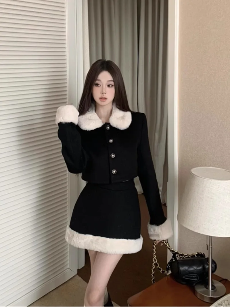 

MiiiiX French Sweet Girl Woolen Coat Skirt Suit Women's 2024 Autumn Berber Fleece Collar Jacket High Waist Skirt Two-piece Set