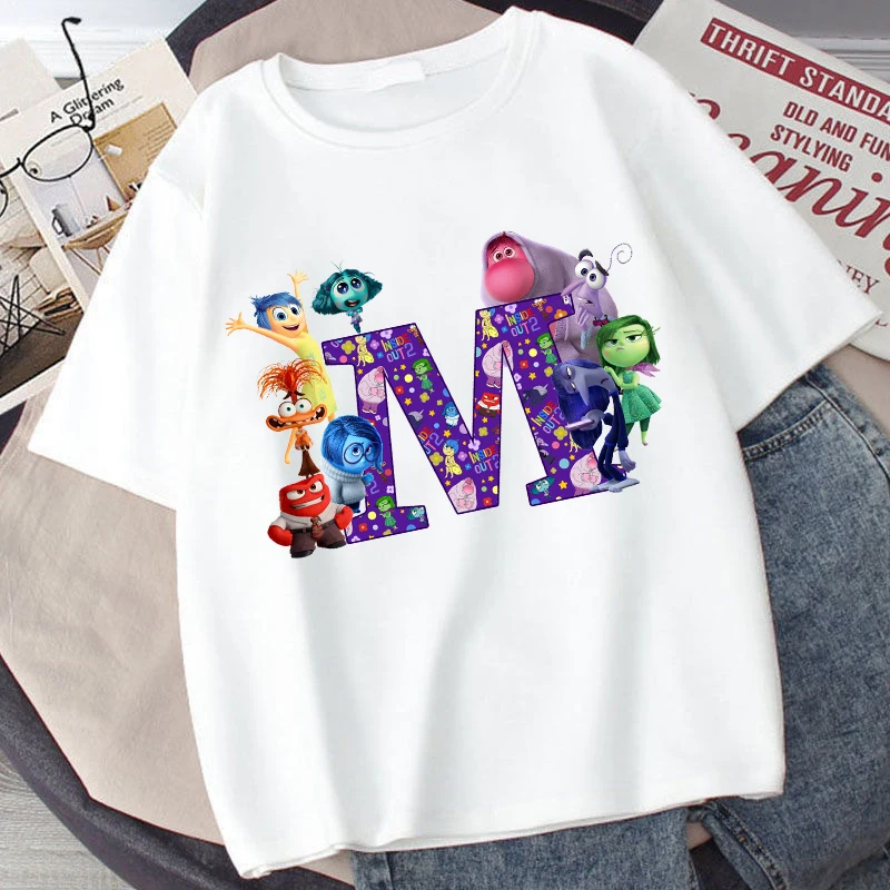 Disney Inside Out 2 Kids Cotton T-Shirt Anime Cartoon 26 Letter Printed Top Summer Loose Comfort Pullover Casual Clothes Gifts