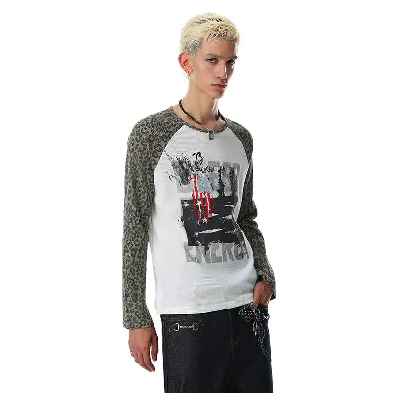 LUZHEN 2026 New Leopard Print Pattern Splicing Long Sleeve T-shirts Men's Fashion Handsome Round Neck High Quality Tops JY7953