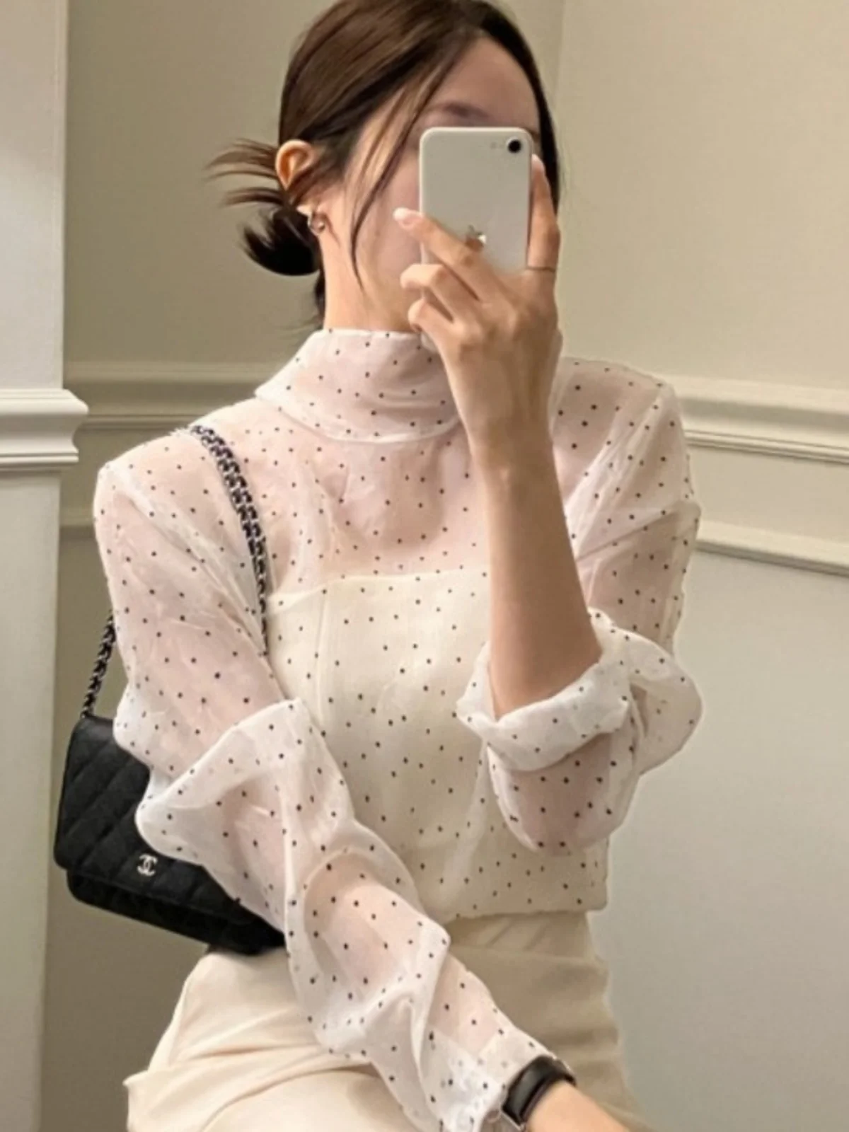 

Ele Spring Vintage Design Polka Dot Sa Versatile f High Ne Women's Base irt Blouse Korean Sle Loose Fit Long S...